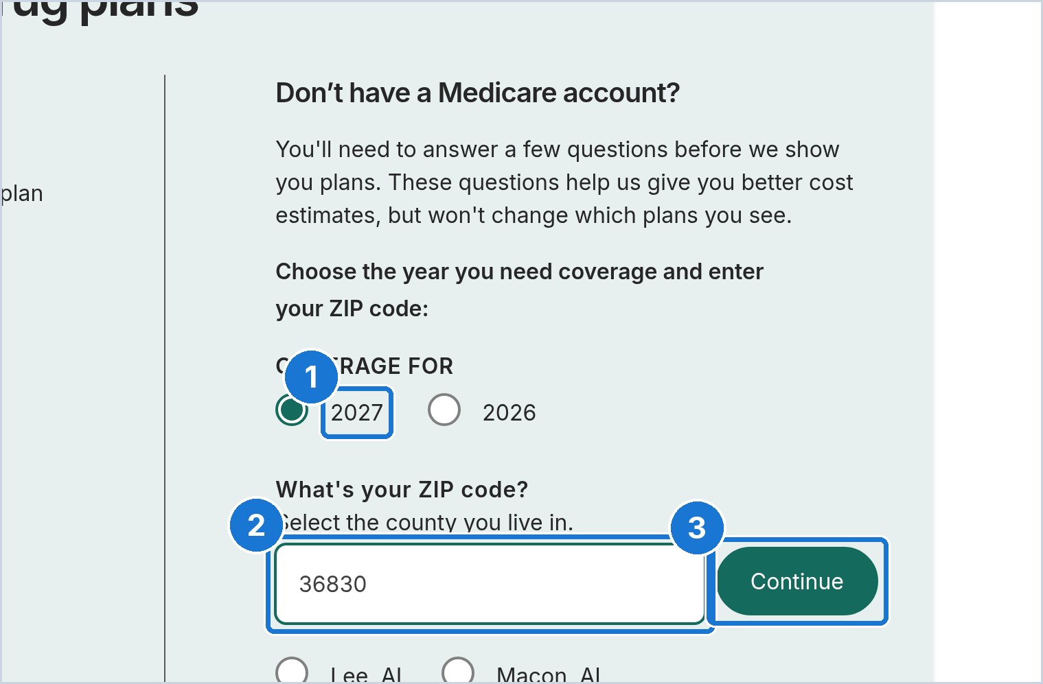 Medicare.gov screen: Pick 2027 and enter your ZIP code