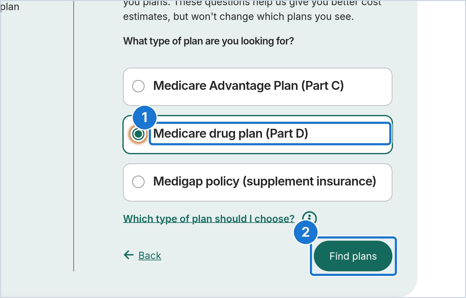Medicare.gov screen: Choose Medicare drug plan (Part D)