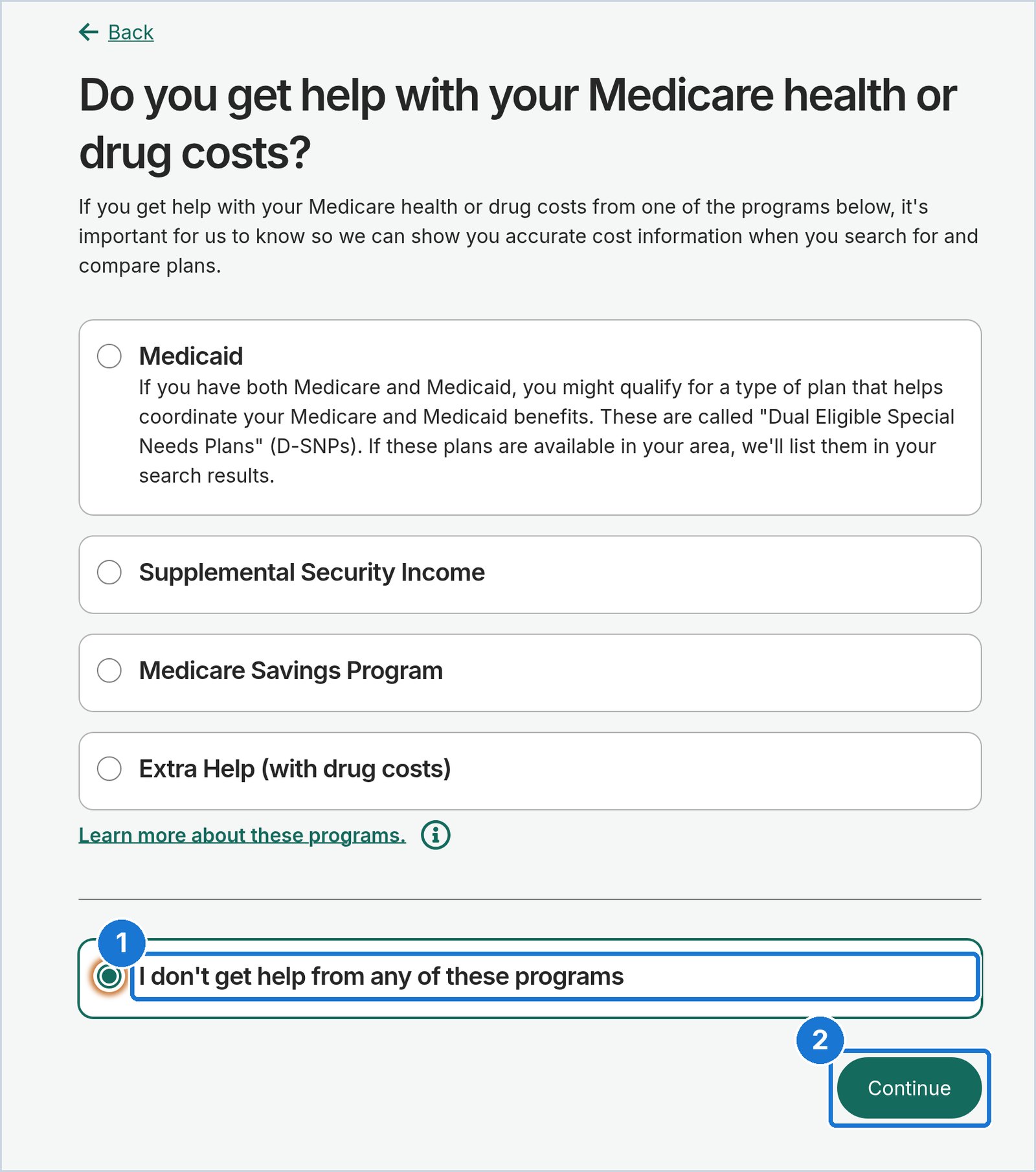 Medicare.gov screen: Answer the help with costs question