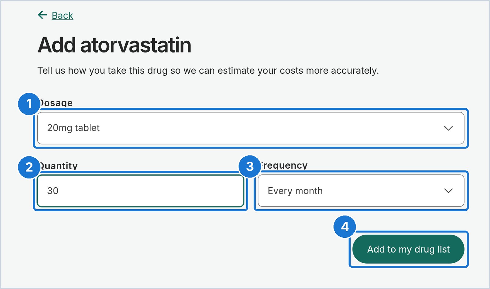 Medicare.gov screen: Enter the strength, quantity and how often
