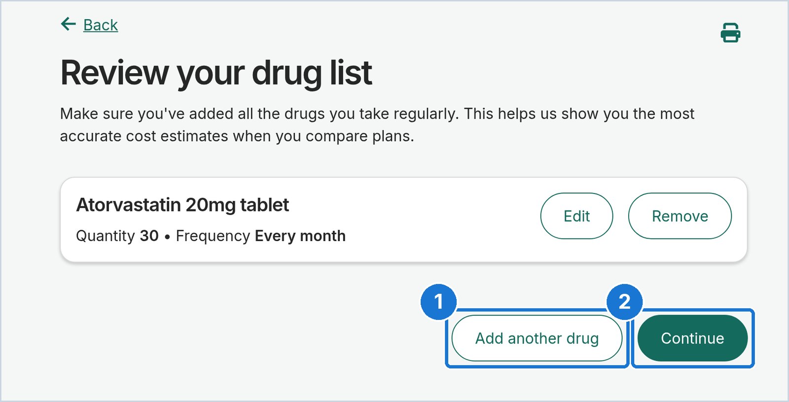 Medicare.gov screen: Add every drug, then continue