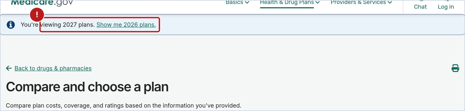 Medicare.gov screen: make sure you are looking at 2027 plans