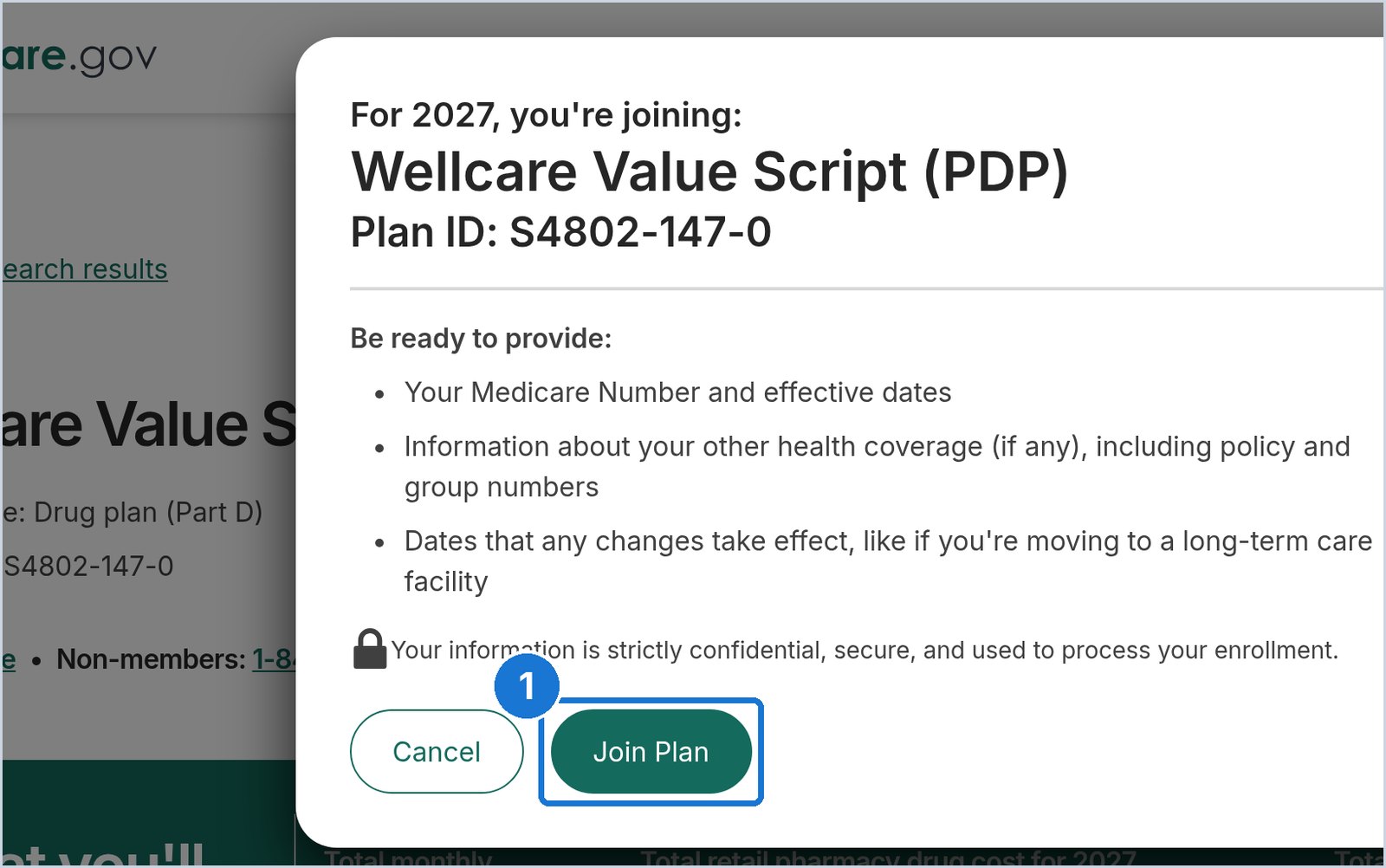 Medicare.gov screen: Enroll: click Join Plan