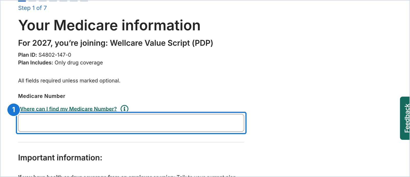 Medicare.gov screen: Fill in the application screens
