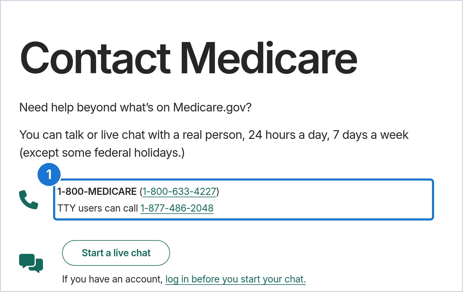 Medicare.gov Contact Medicare page showing 1-800-MEDICARE and TTY numbers